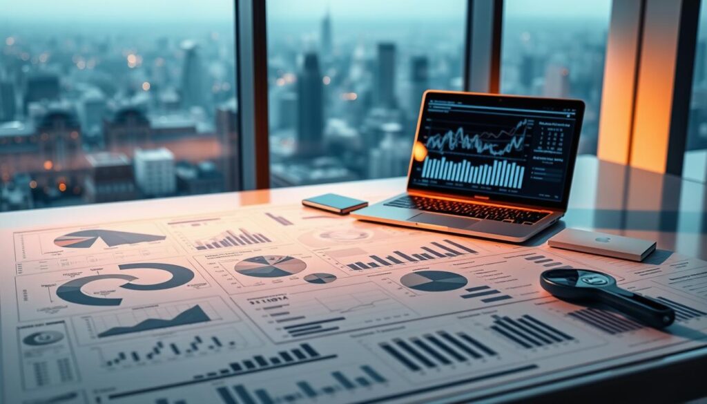 A meticulously designed financial strategy blueprint, laid out on a sleek, minimalist desk. The foreground features a neatly organized array of spreadsheets, graphs, and analytical tools, illuminated by warm, directional lighting. In the middle ground, a laptop displays complex financial models and projections, casting a soft glow. The background showcases an expansive cityscape, symbolizing the broader economic landscape. The overall mood is one of calculated precision, strategic foresight, and a steadfast commitment to financial success.